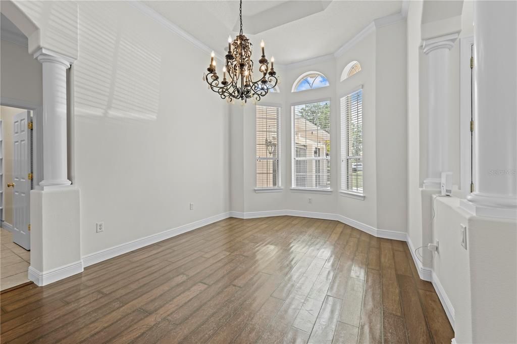 Chandelier, Dining room, Interior, Pendant Lights, Wood Texture Flooring