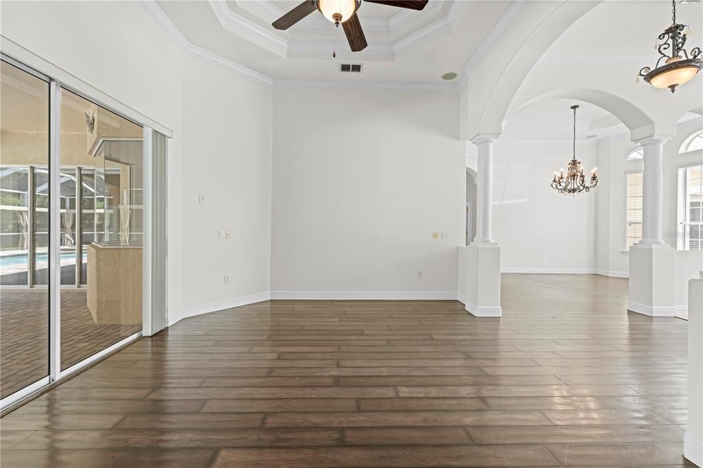 Chandelier, Dining room, Interior, Wood Texture Flooring