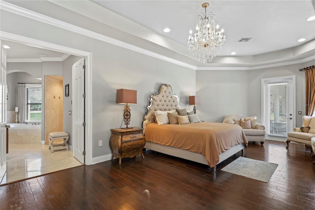Bedroom, Chandelier, Interior, Recessed Lighting, Wood Texture Flooring