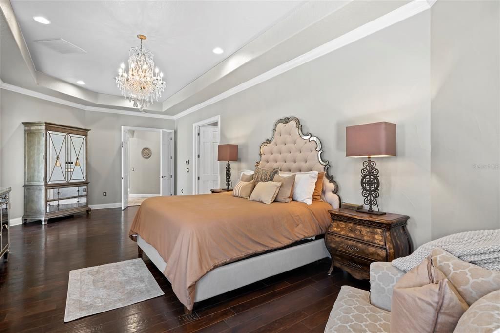 Bedroom, Chandelier, Interior, Recessed Lighting, Wood Texture Flooring