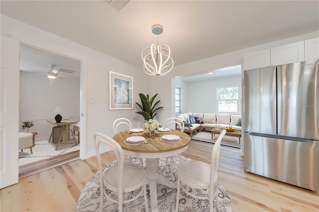Dining room, Interior, Kitchen, Living room, Pendant Lights, Recessed Lighting, Stainless Steel Appliances, Wood Texture Flooring