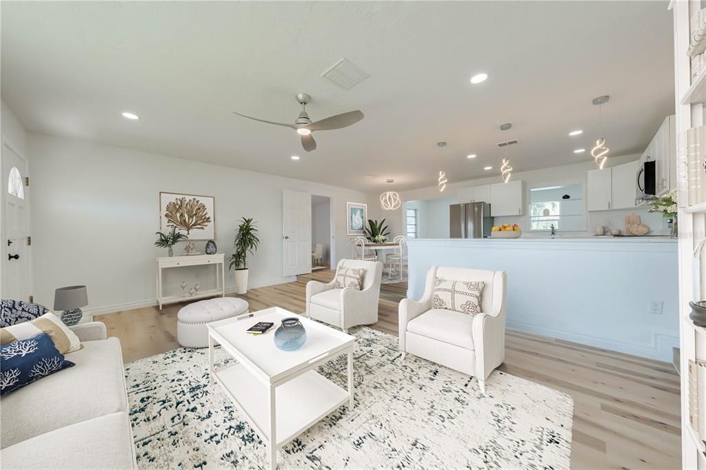 Interior, Kitchen, Living room, Pendant Lights, Recessed Lighting, Stainless Steel Appliances, Wood Texture Flooring