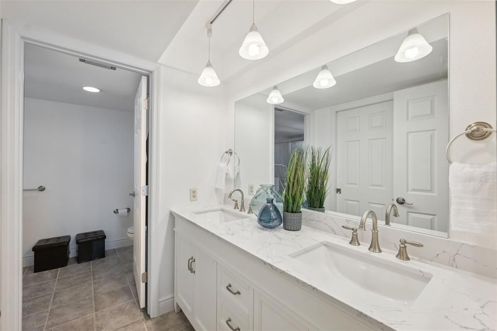 Bathroom, Dual Sink Vanities, Interior, Pendant Lights, Recessed Lighting