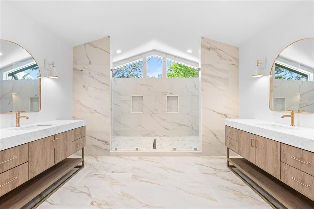 Bathroom, Dual Sink Vanities, Interior, Marble, Marble Walls, Recessed Lighting