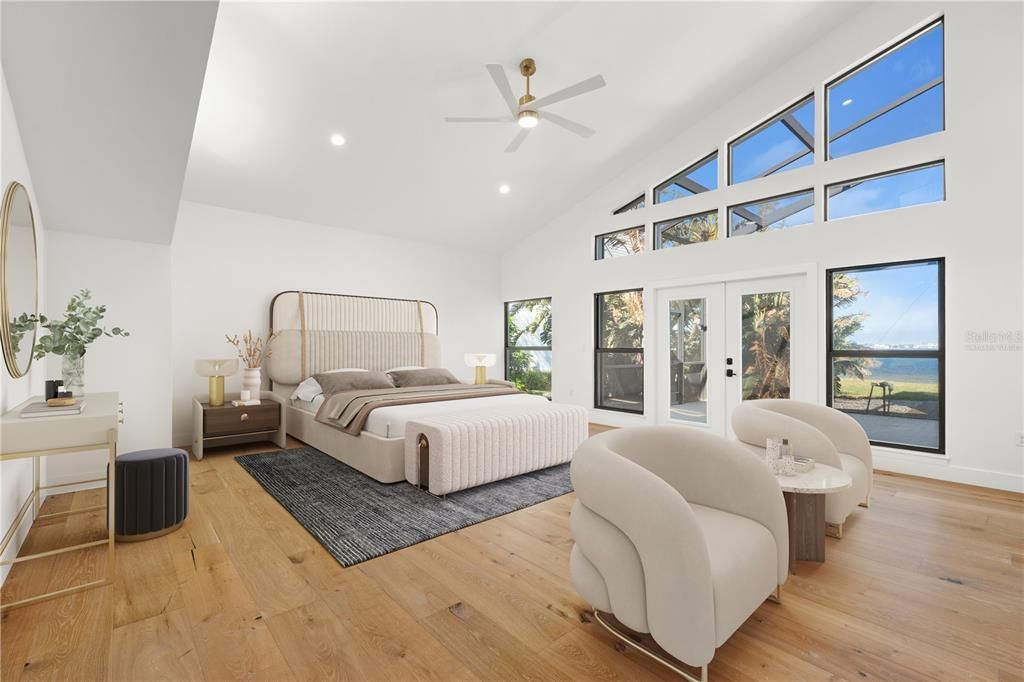 Bedroom, Interior, Recessed Lighting, Water, Wood Texture Flooring