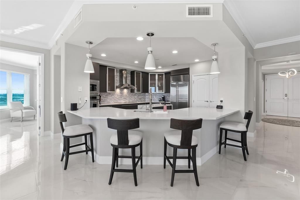 Interior, Kitchen, Marble, Pendant Lights, Recessed Lighting, Stainless Steel Appliances