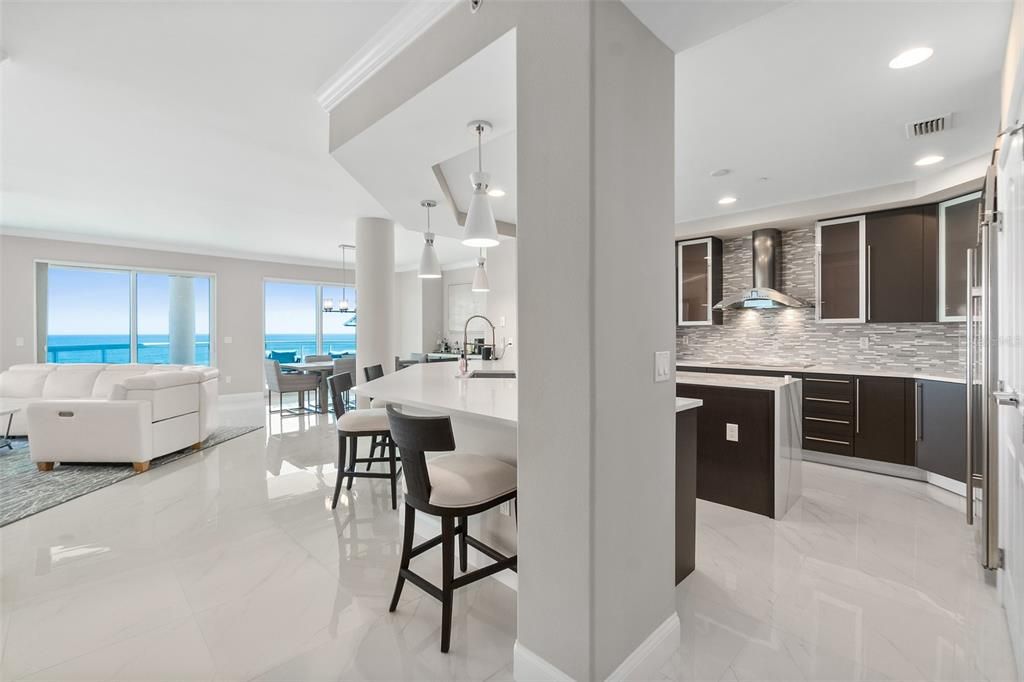 Interior, Kitchen, Living room, Marble, Pendant Lights, Recessed Lighting, Stainless Steel Appliances, Water