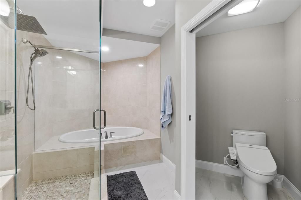 Bathroom, Glass Shower, Interior, Marble, Recessed Lighting