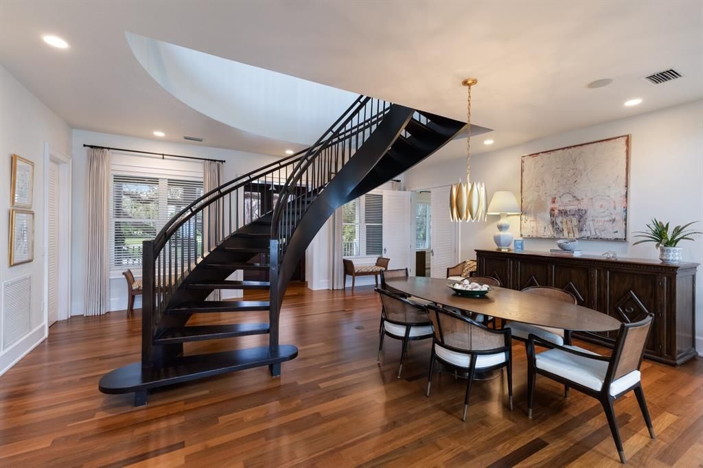 Dining room, Interior, Pendant Lights, Recessed Lighting, Wood Texture Flooring