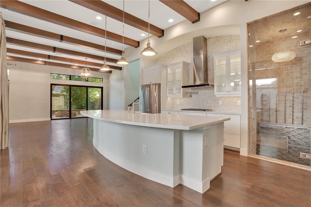Interior, Kitchen, Pendant Lights, Recessed Lighting, Stainless Steel Appliances, Wooden Beams, Wood Texture Flooring