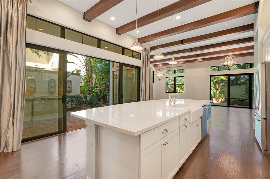 Interior, Kitchen, Pendant Lights, Recessed Lighting, Wooden Beams, Wood Texture Flooring