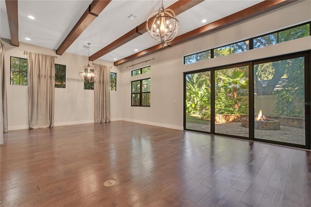 Empty room, Interior, Pendant Lights, Recessed Lighting, Wooden Beams, Wood Texture Flooring