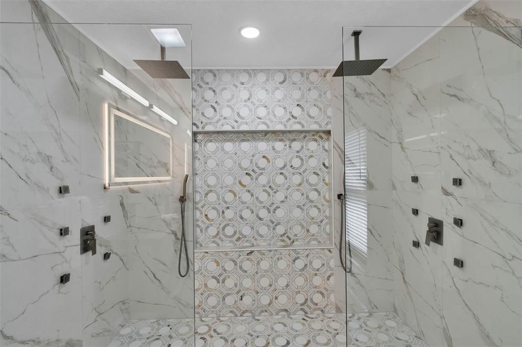 Bathroom, Glass Shower, Interior, Marble Walls, Recessed Lighting