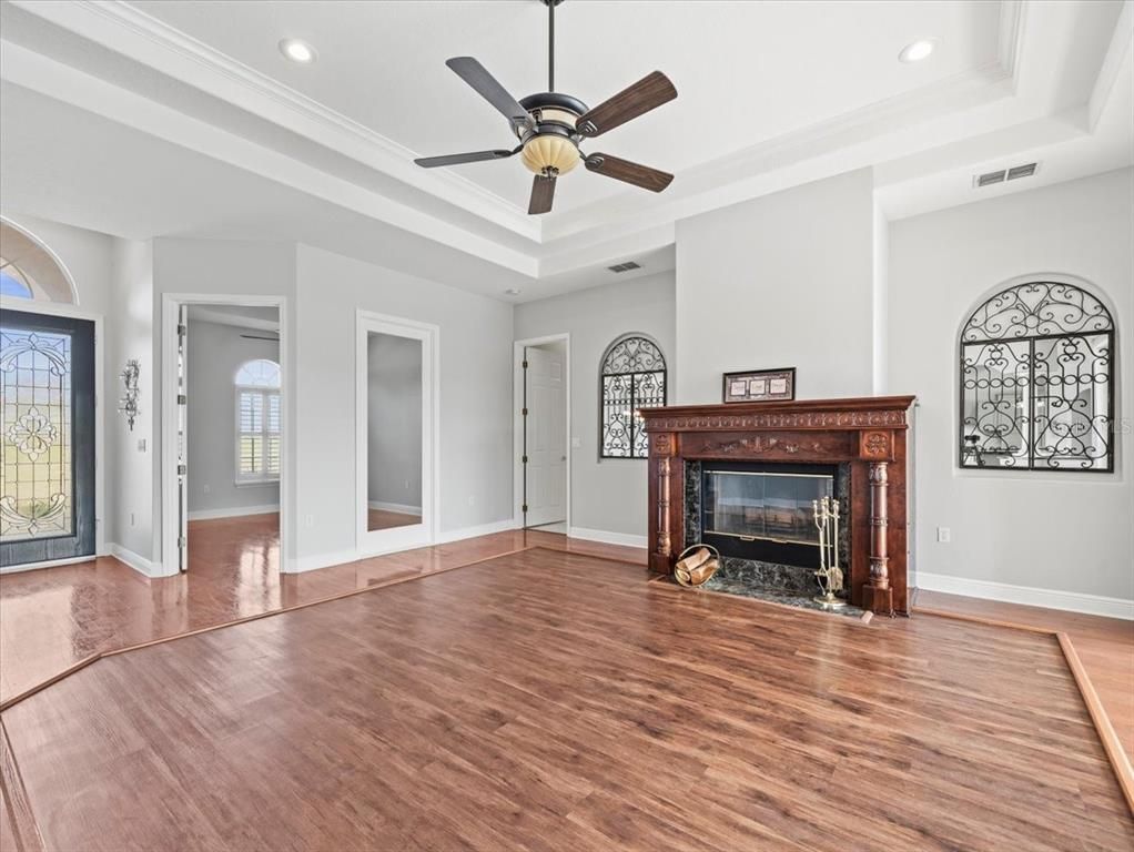 Empty room, Fireplace, Interior, Recessed Lighting, Wood Texture Flooring