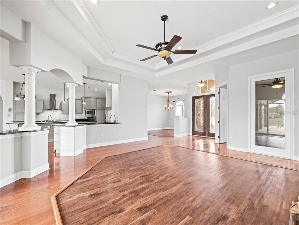 Chandelier, Interior, Kitchen, Pendant Lights, Recessed Lighting, Wood Texture Flooring