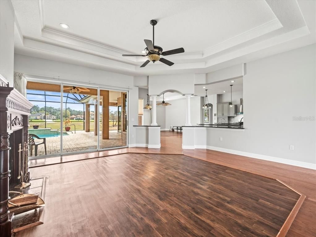 Fireplace, Interior, Recessed Lighting, Wood Texture Flooring