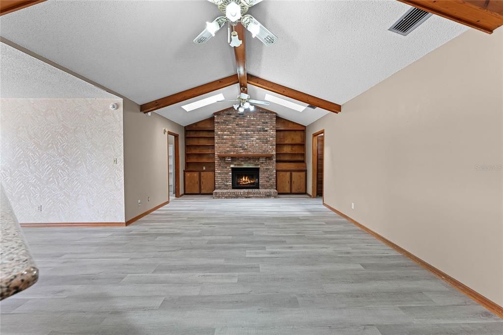 Empty room, Fireplace, Interior, Wooden Beams, Wood Texture Flooring, Wooden Walls