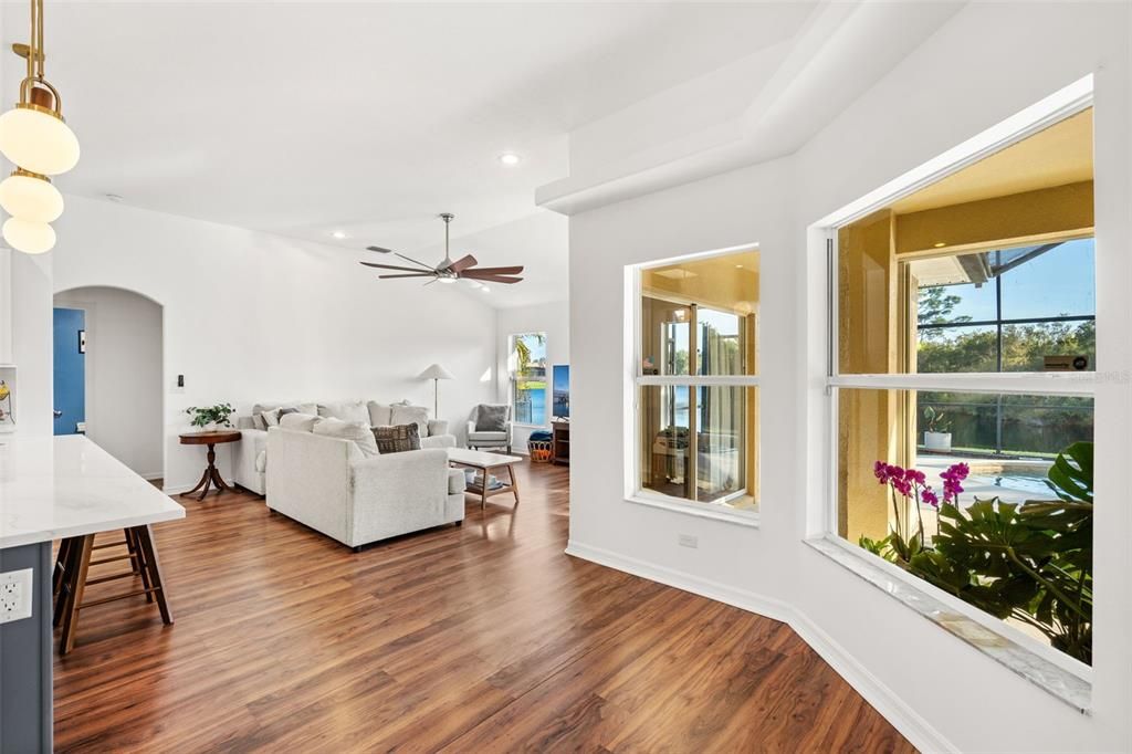 Interior, Living room, Pendant Lights, Recessed Lighting, Wood Texture Flooring