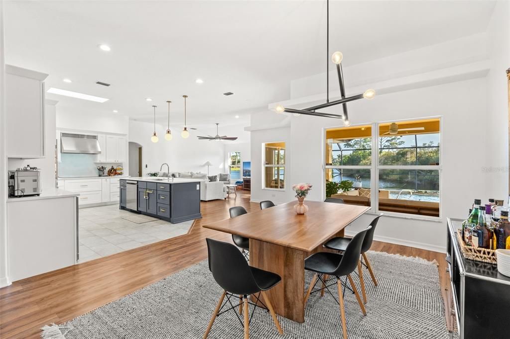 Dining room, Interior, Kitchen, Pendant Lights, Recessed Lighting, Wood Texture Flooring