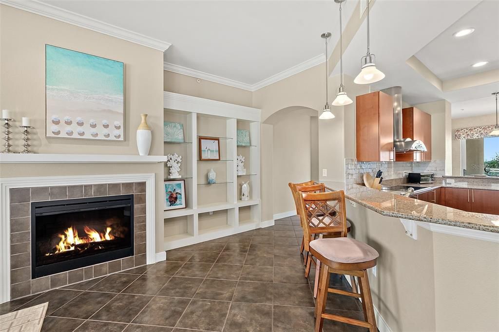 Fireplace, Interior, Kitchen, Pendant Lights, Recessed Lighting