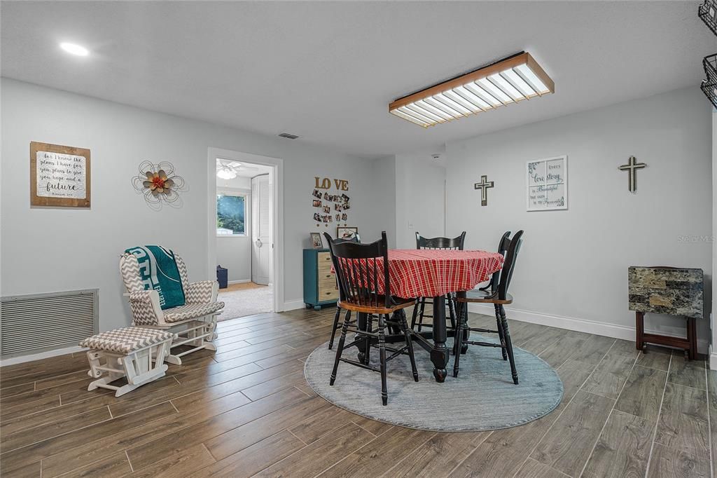 Dining room, Interior, Recessed Lighting, Wood Texture Flooring