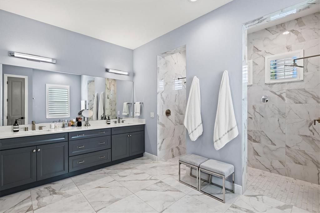 Bathroom, Dual Sink Vanities, Interior, Marble, Marble Walls