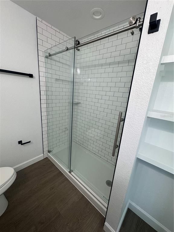 Bathroom, Glass Shower, Interior, Recessed Lighting, Wood Texture Flooring