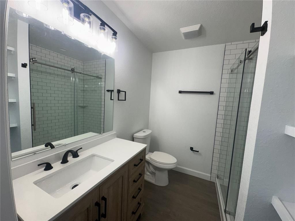 Bathroom, Glass Shower, Interior, Wood Texture Flooring