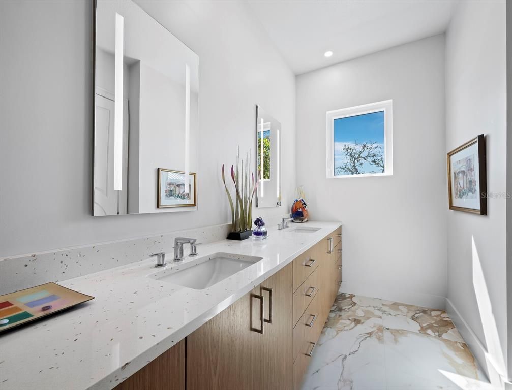 Bathroom, Dual Sink Vanities, Interior, Marble, Recessed Lighting