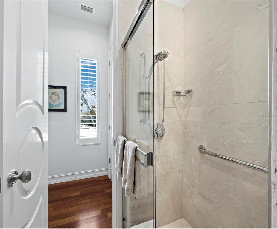 Bathroom, Glass Shower, Interior, Wood Texture Flooring