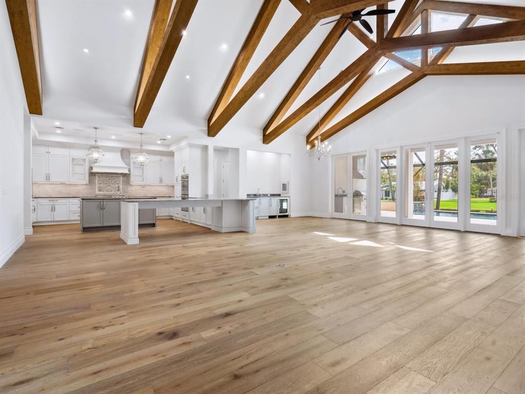 Interior, Kitchen, Pendant Lights, Recessed Lighting, Wooden Beams, Wood Texture Flooring