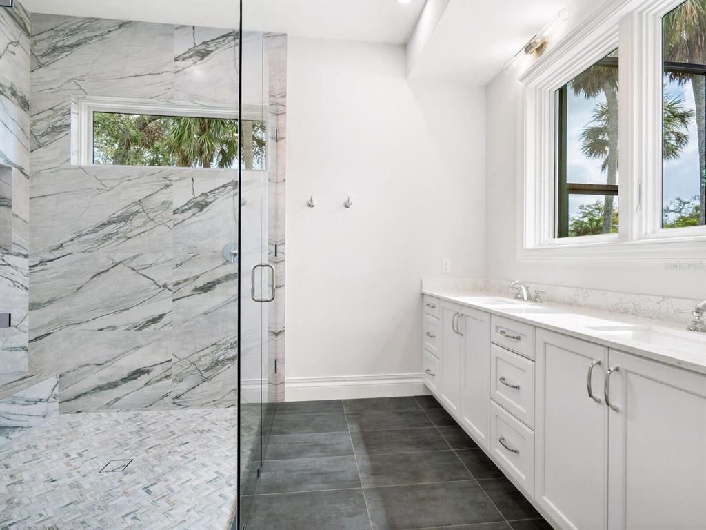 Bathroom, Glass Shower, Interior, Marble Walls, Recessed Lighting