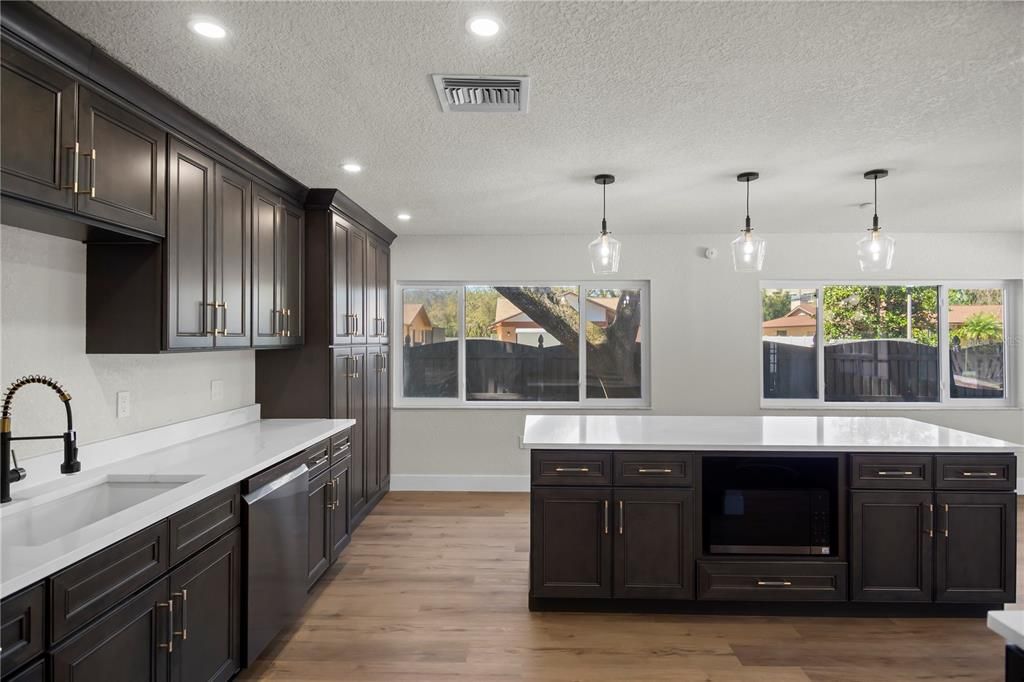 Interior, Kitchen, Pendant Lights, Recessed Lighting, Wood Texture Flooring
