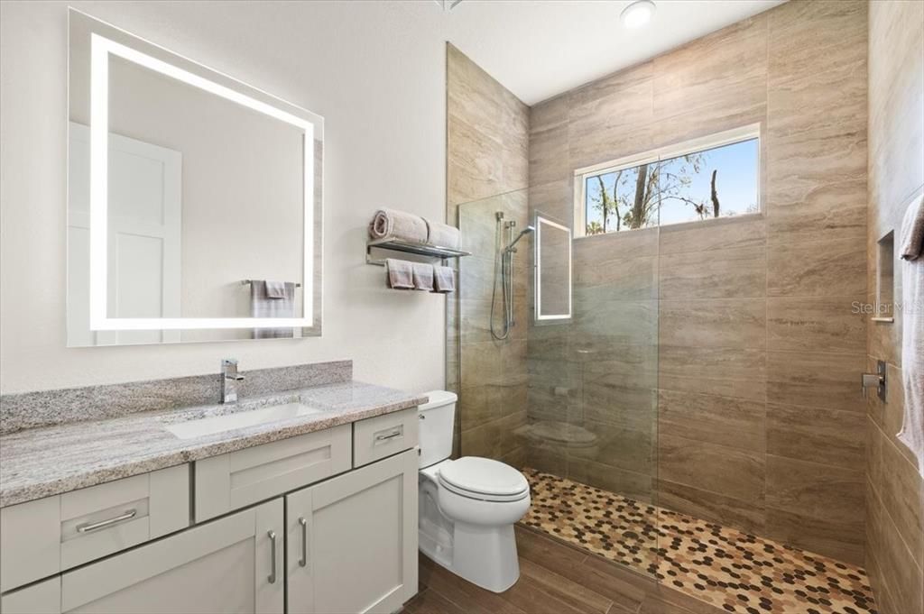 Bathroom, Glass Shower, Interior, Recessed Lighting, Wood Texture Flooring