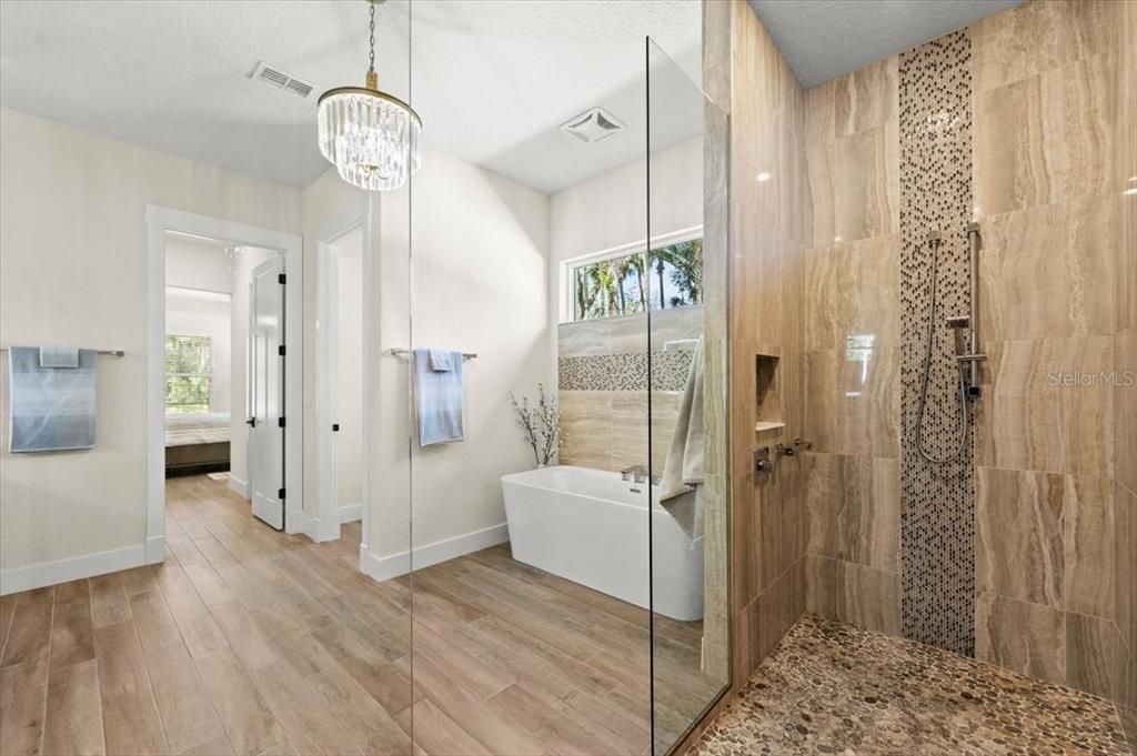 Bathroom, Chandelier, Free Standing Baths, Interior, Pendant Lights, Wood Texture Flooring