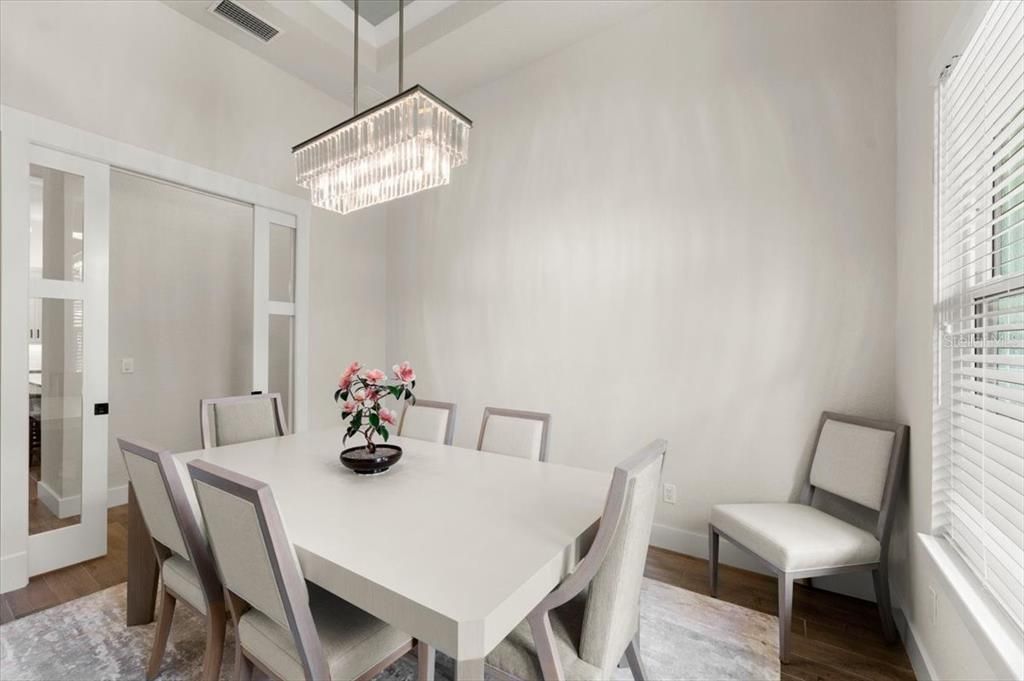 Chandelier, Dining room, Interior, Wood Texture Flooring