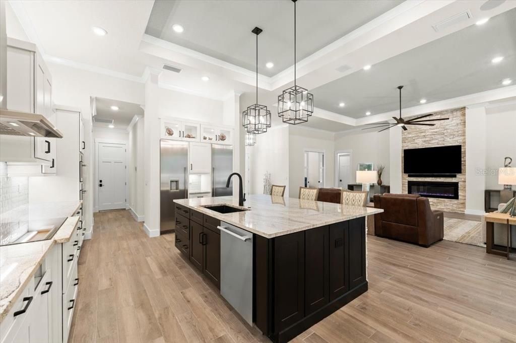 Fireplace, Interior, Kitchen, Living room, Pendant Lights, Recessed Lighting, Stainless Steel Appliances, Wood Texture Flooring