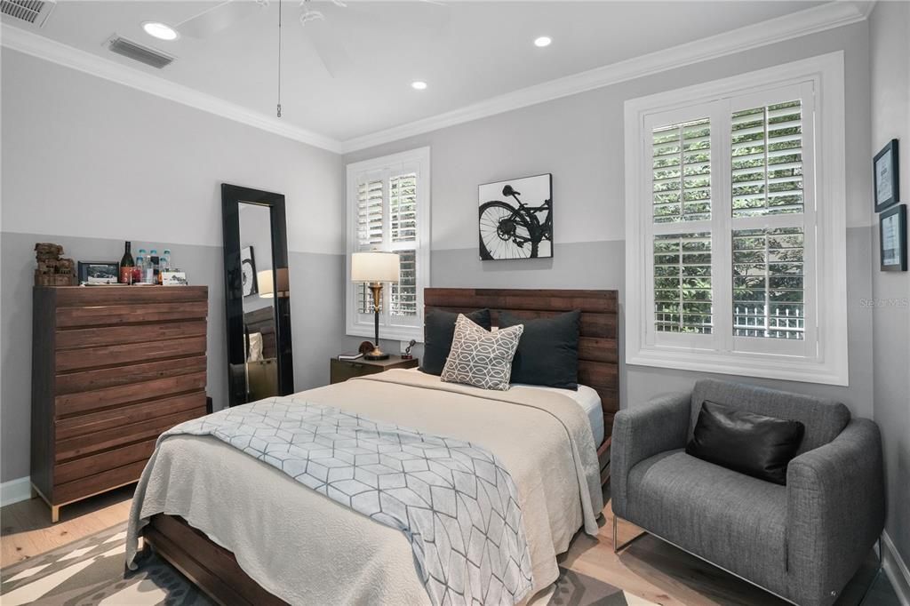 Bedroom, Interior, Recessed Lighting, Wood Texture Flooring