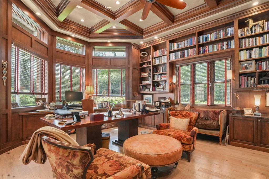 Home Office, Interior, Recessed Lighting, Wooden Beams, Wood Texture Flooring