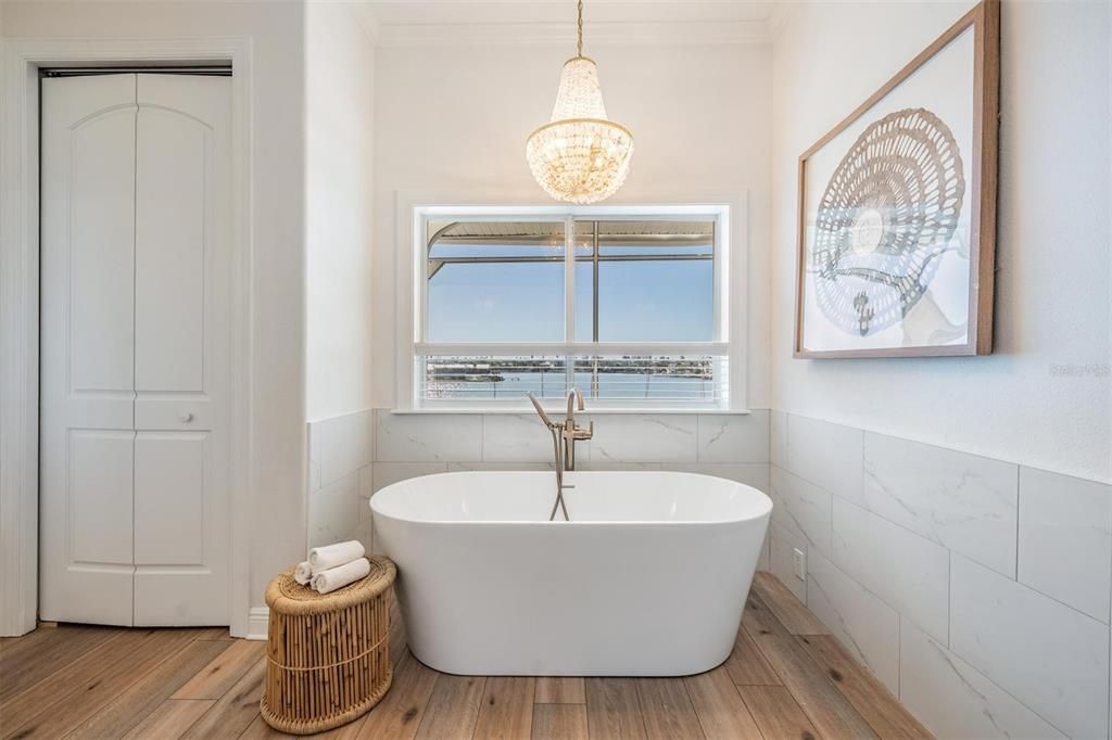 Bathroom, Free Standing Baths, Interior, Marble Walls, Pendant Lights, Wood Texture Flooring