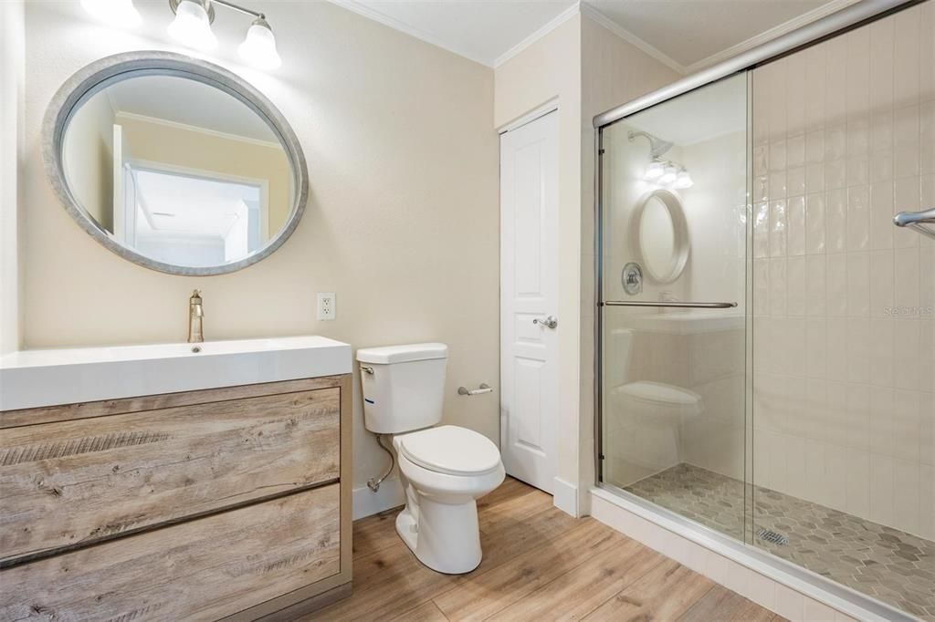 Bathroom, Glass Shower, Interior, Wood Texture Flooring