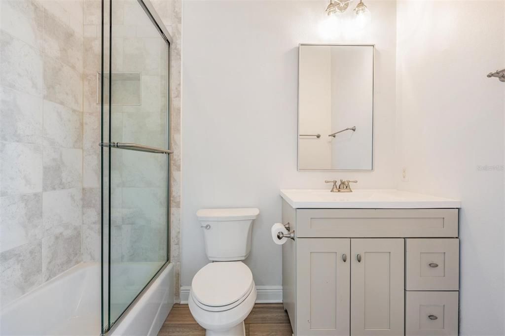 Bathroom, Glass Shower, Interior, Wood Texture Flooring