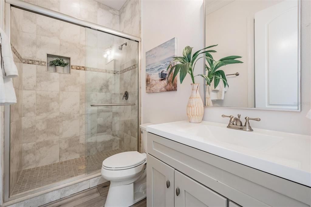Bathroom, Glass Shower, Interior, Wood Texture Flooring