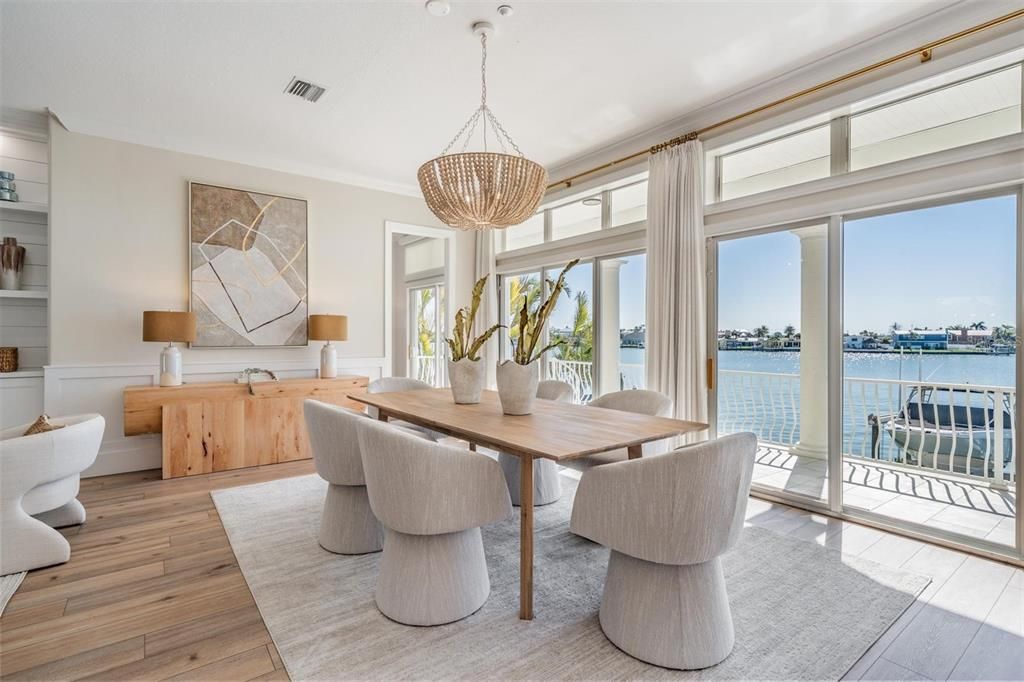 Dining room, Interior, Pendant Lights, Water, Wood Texture Flooring