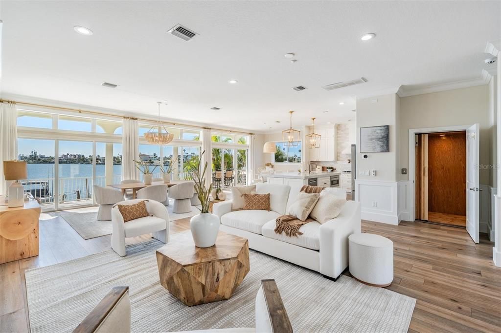 Dining room, Interior, Kitchen, Living room, Pendant Lights, Recessed Lighting, Water, Wood Texture Flooring