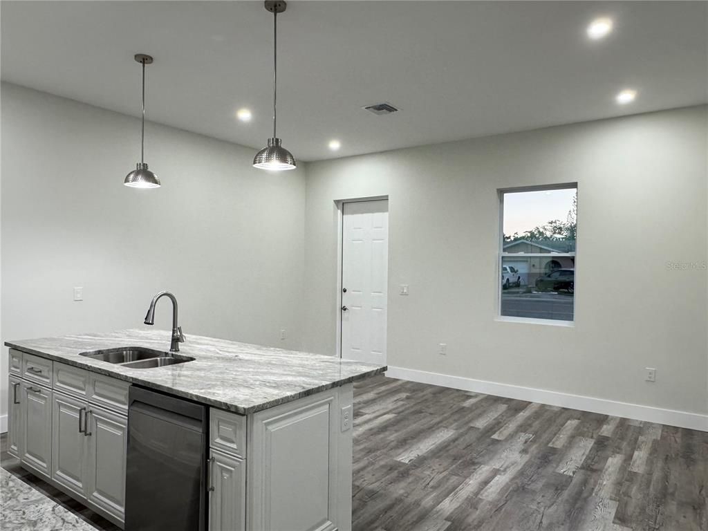 Interior, Kitchen, Pendant Lights, Recessed Lighting, Wood Texture Flooring