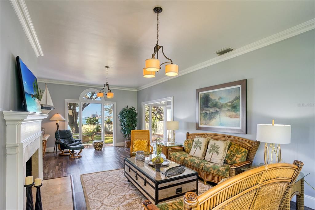 Fireplace, Interior, Living room, Pendant Lights, Wood Texture Flooring