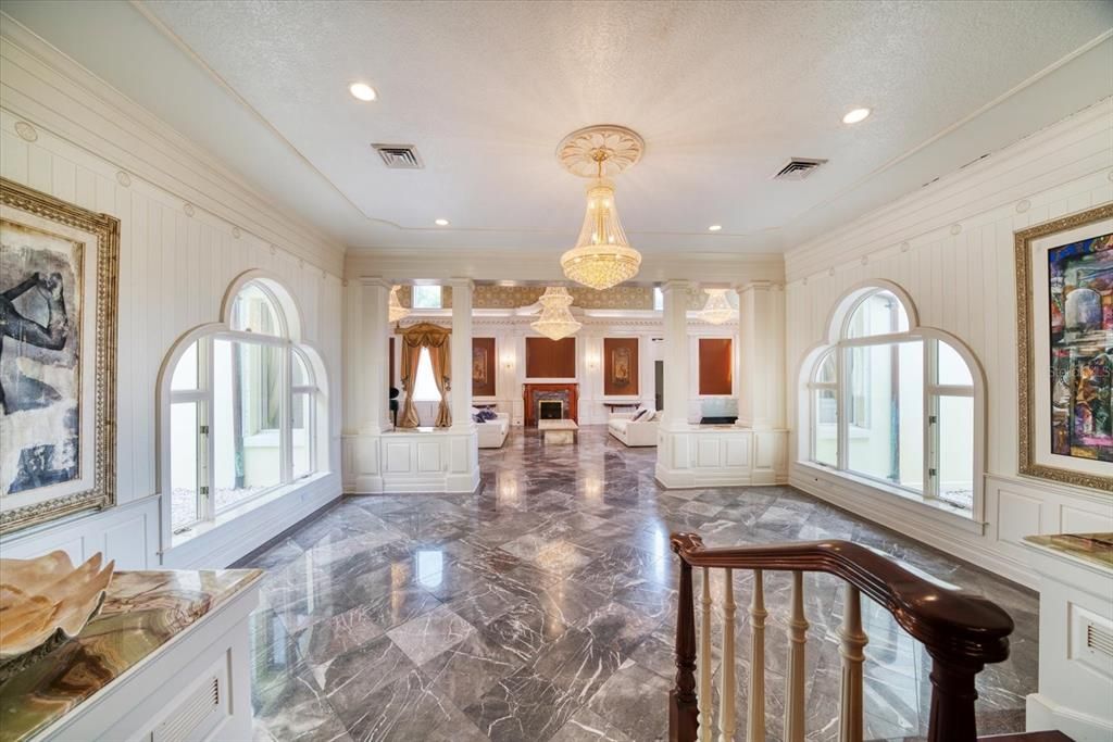 Chandelier, Fireplace, Interior, Marble, Recessed Lighting