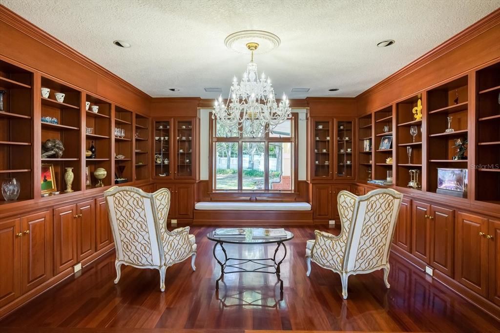 Chandelier, Home Office, Interior, Recessed Lighting, Wood Texture Flooring, Wooden Walls
