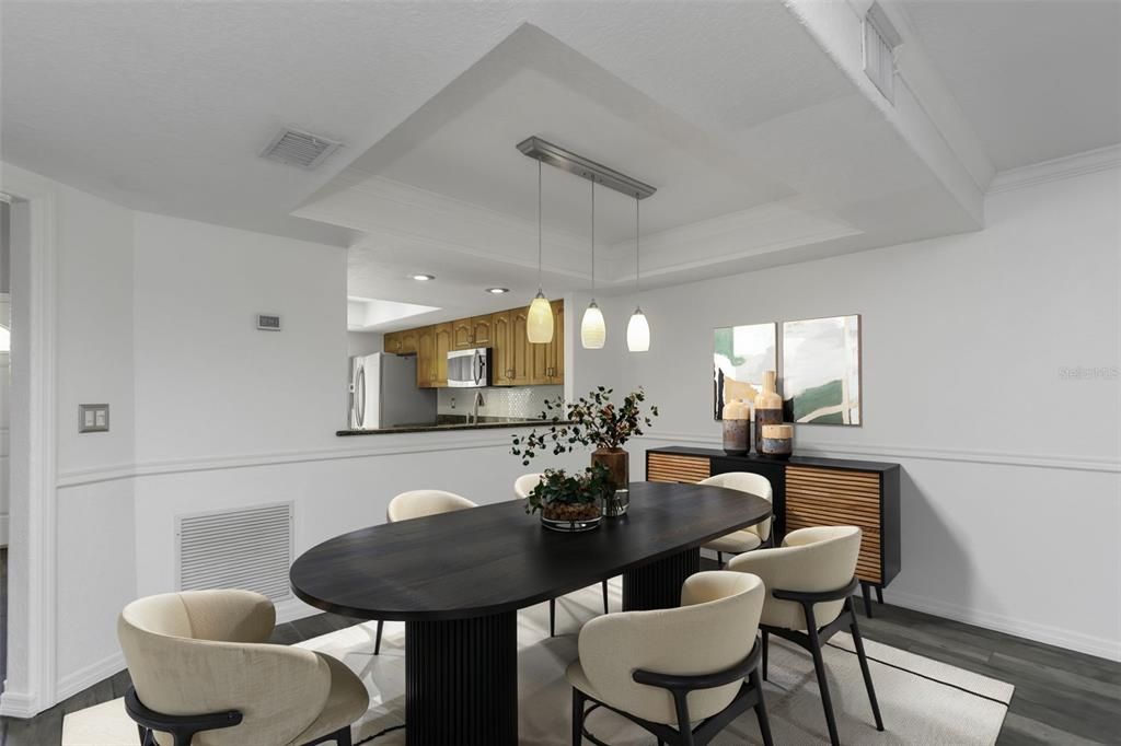 Dining room, Interior, Kitchen, Pendant Lights, Recessed Lighting, Stainless Steel Appliances, Wood Texture Flooring